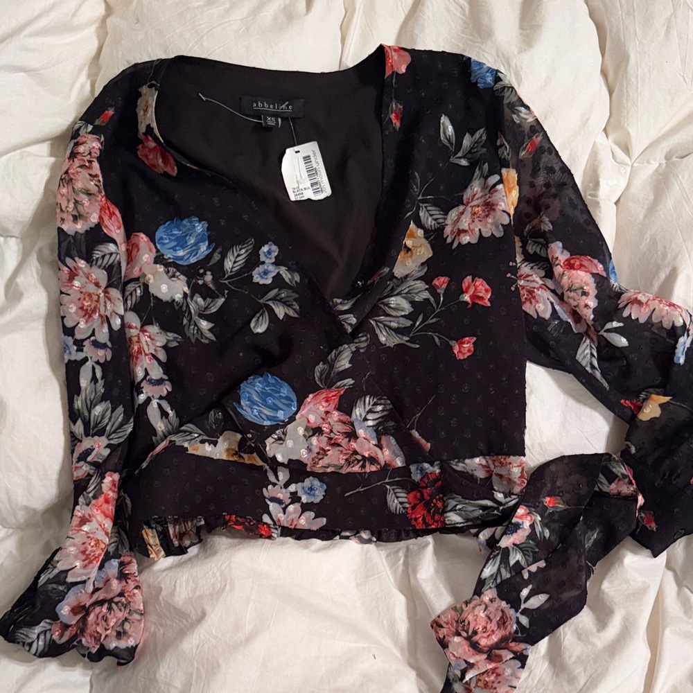 Abbeline Black Floral Wrap Blouse